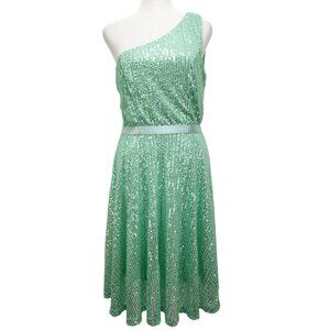 One-Shoulder Light Green Sequined Dress With Ribbon Waist Flowing Skirt Size M